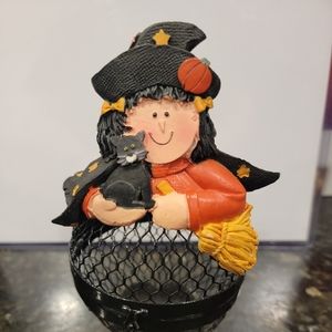 See's Candy Metal Mesh Halloween Candy Jar/Holder With Black Cat & Witch